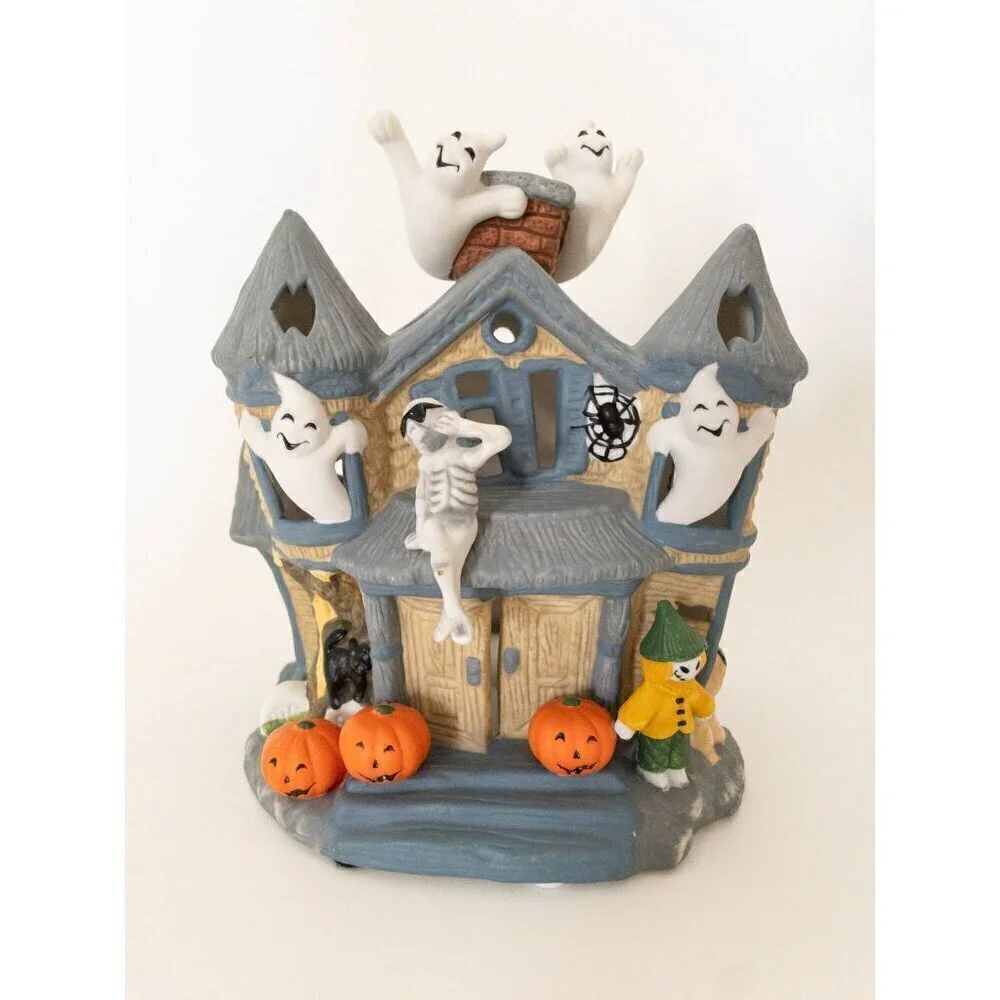 Ceramic Haunted House With Ghosts Halloween Decoration By PartyLite Tealight